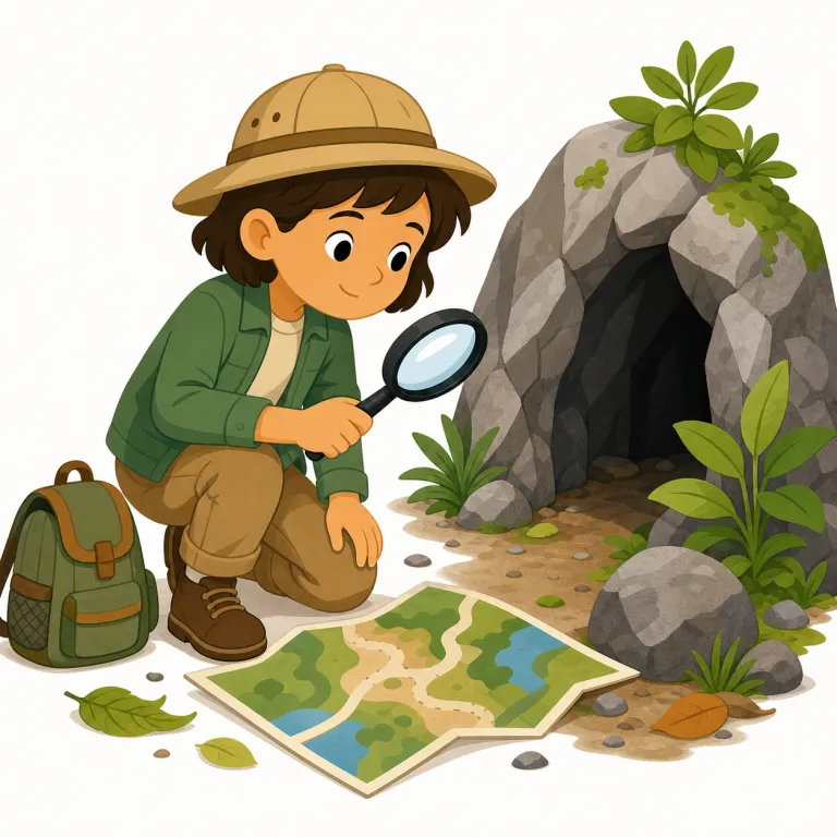 explore（探検する・動詞）の覚え方イラスト — この explore は、森・都市・未知の土地などに実際に入り、歩き回って新しいものを見つける「探検する」の意味です