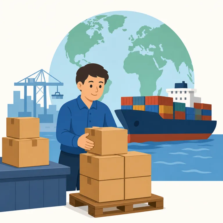 exporter（輸出業者・名詞）の覚え方イラスト — exporter は export「輸出する」に -er「する人・主体」を付けた語です