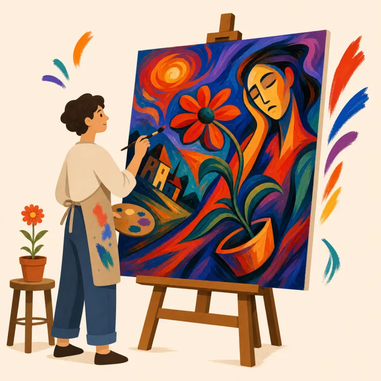 expressionism（表現主義・名詞）の覚え方イラスト — まず express「表す」を軸に置き、expression＝表現、さらに -ism で「主義・芸術様式」と分解すると覚えやすい語です