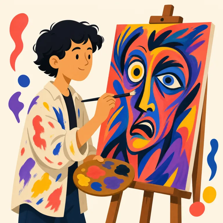 expressionist（表現主義者・名詞）の覚え方イラスト — まず expression「表現」が見える形で入っているので、expressionist は「表現する人・表現主義の人」と分解して覚えると早いです