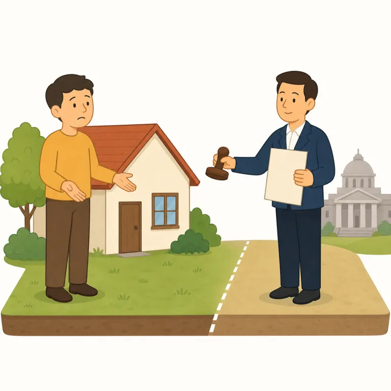 expropriated（収用された・形容詞）の覚え方イラスト — 形容詞では「誰が取り上げたか」より、「その土地や財産がどんな法的状態にあるか」を見るのがポイントです