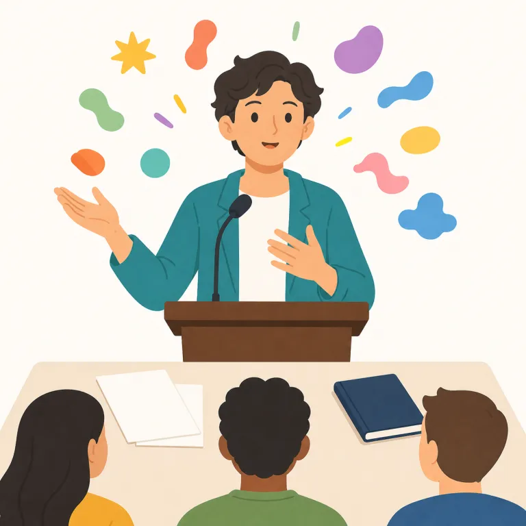 extemporaneous（即興の・形容詞）の覚え方イラスト — まず extempore / extemporaneous は、準備した原稿を読む speech ではなく、その場で組み立てる speech を表す場面と結びつけると残…