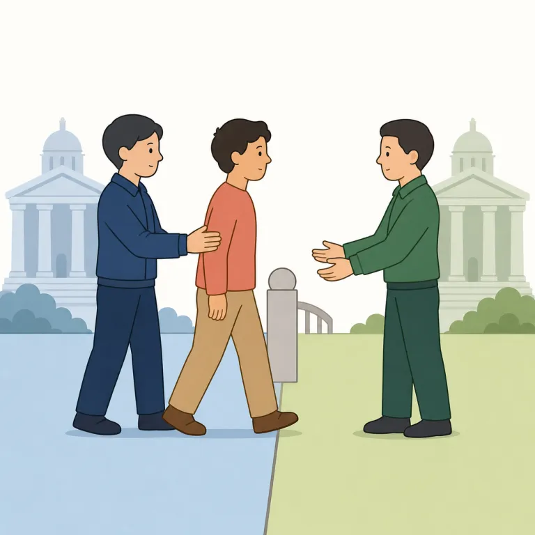 extradite（引き渡す・動詞）の覚え方イラスト — extra- は「外へ」を連想すると覚えやすい語