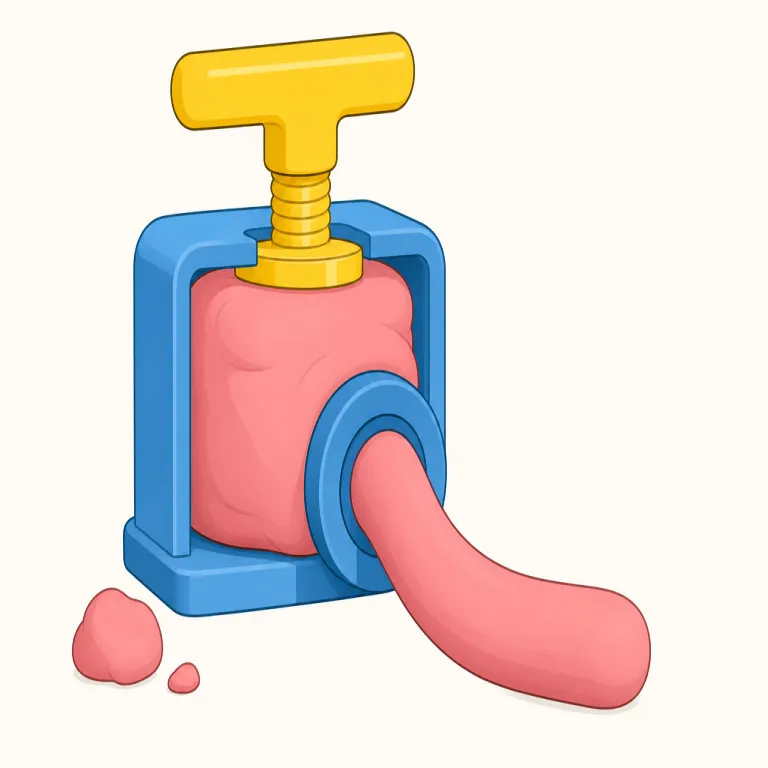 extrude（押し出す・動詞）の覚え方イラスト — ex- は exit や export と同じ「外へ」の感覚
