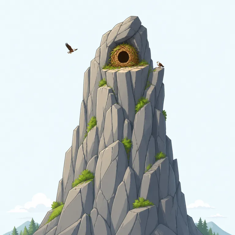 eyrie（鷲の巣・名詞）の覚え方イラスト — eyrie は、特に eagle など大型の猛禽が崖や高木の上に作る巣を指す、自然描写寄りの語です
