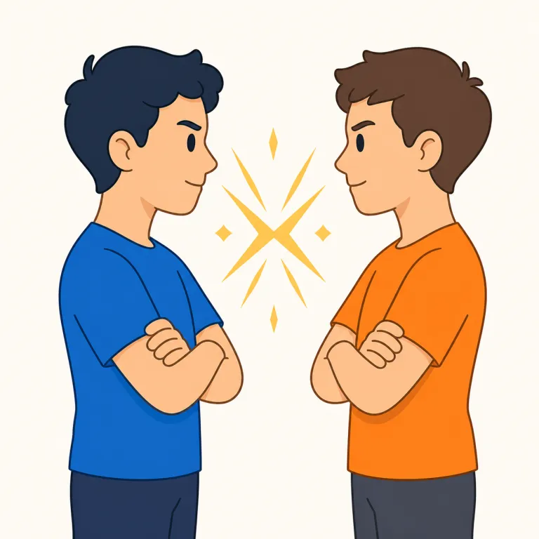 face off（対決する・句動詞）の覚え方イラスト — face off の「対決する」は、2人や2組が互いに正面へ立ち、勝負や議論に入る場面を思い浮かべると覚えやすいです
