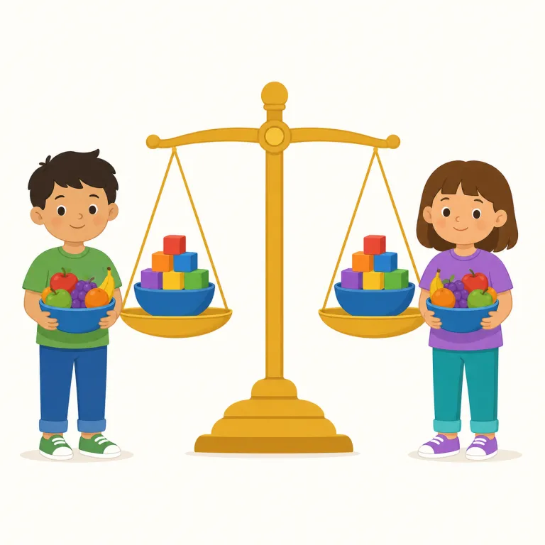 fair（公平な・形容詞）の覚え方イラスト — fair は「同じ」よりも「ひいきがない」と覚えると使いやすい語です
