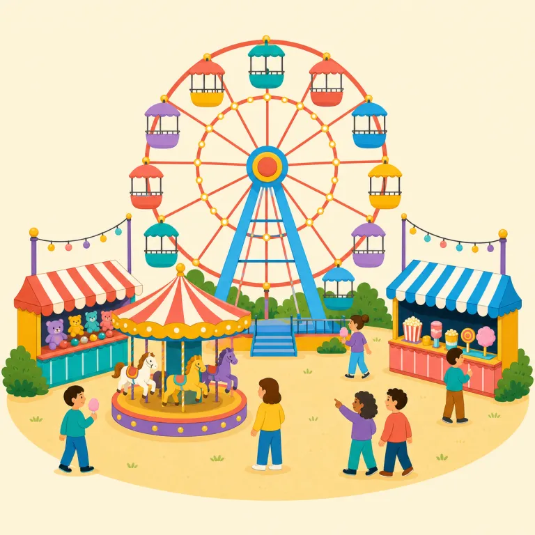 fairground（縁日会場、移動遊園地の会場・名詞）の覚え方イラスト — fairground は fair + ground で考えると覚えやすいです