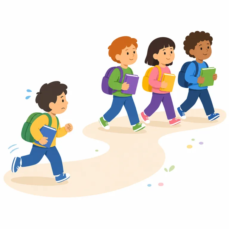 fall behind（遅れをとる・句動詞）の覚え方イラスト — behind は「後ろに」なので、競争や学習の流れの中で後ろの位置へ落ちる、と考えると覚えやすいです