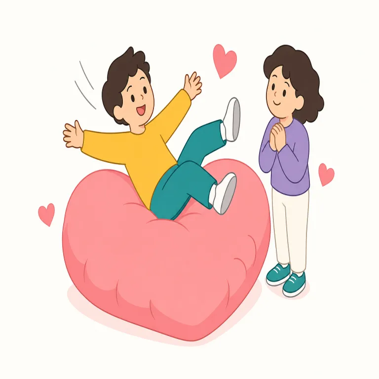 fall for（惚れる・句動詞）の覚え方イラスト — fall for は、相手の魅力に気持ちがすっと傾いて「惚れる」イメージです