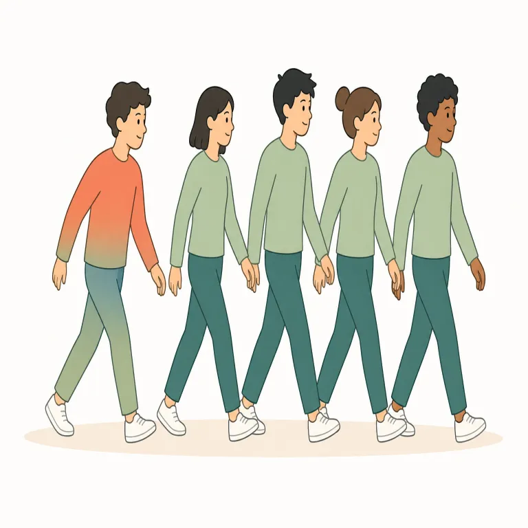 fall in with（仲間になる・句動詞）の覚え方イラスト — この意味の fall in with は、人や集団の「中へ」自然に入っていくイメージで覚える