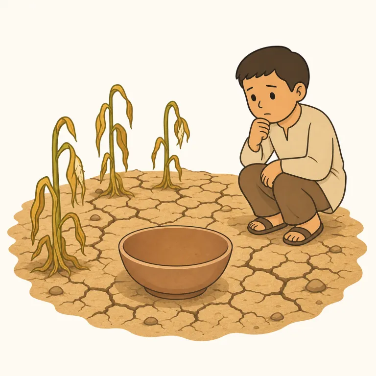 famine（飢饉・名詞）の覚え方イラスト — このエントリの famine は、単なる「食糧不足」ではなく、歴史やニュースで語られる大規模な「飢饉」を指すと覚えます