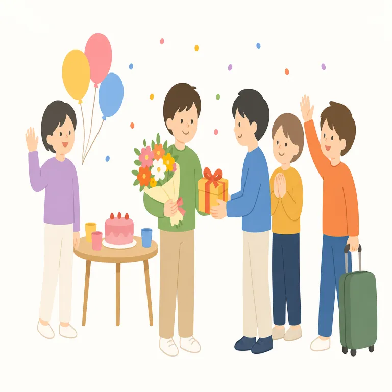 farewell party（送別会・名詞）の覚え方イラスト — 「farewell」はまず別れのあいさつとして覚え、say farewell to ..