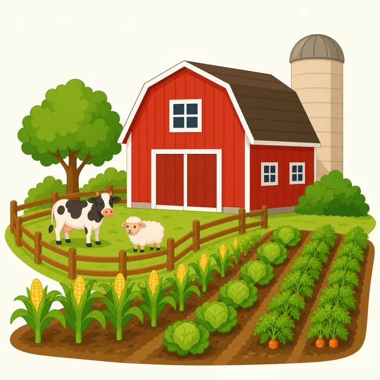 farm（農場・名詞）の覚え方イラスト — farm は「畑そのもの」よりも、そこで農業が行われる場所全体を思い浮かべると定着します