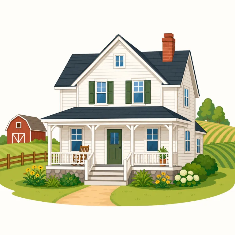 farmhouse（農家・名詞）の覚え方イラスト — farm と house の直球の複合語として覚えるのが最短です