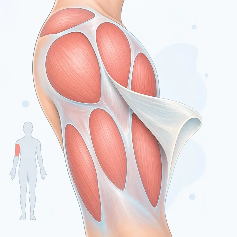 fascia（筋膜・名詞）の覚え方イラスト — 筋肉はむき出しで存在するのでなく、薄いシート状の組織に包まれてつながっている、と映像で覚えると fascia が残りやすい語です