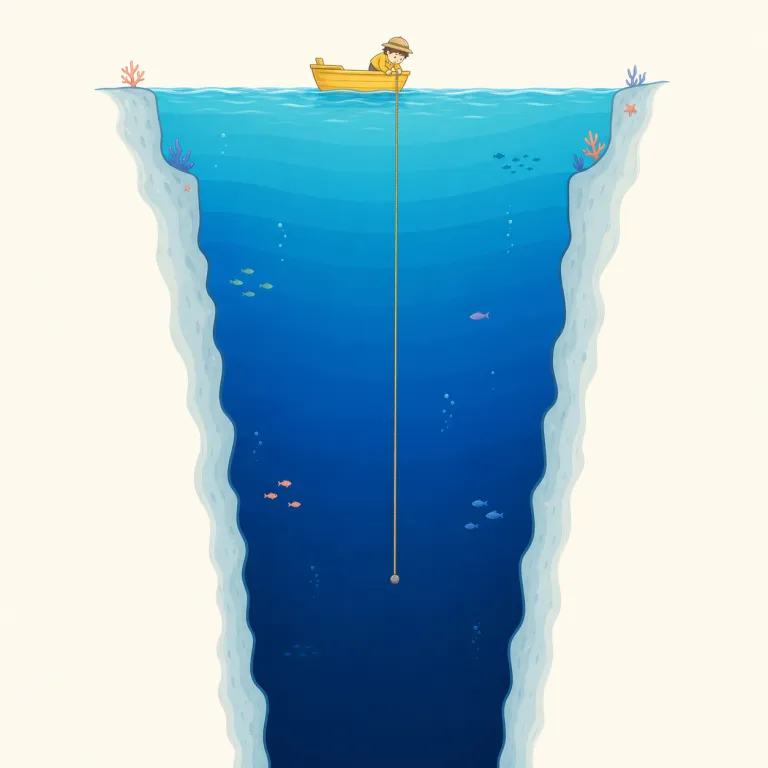 fathomless（底知れない・形容詞）の覚え方イラスト — fathom はもともと「両腕を広げた長さ」で、水深を測る単位にもなった語です