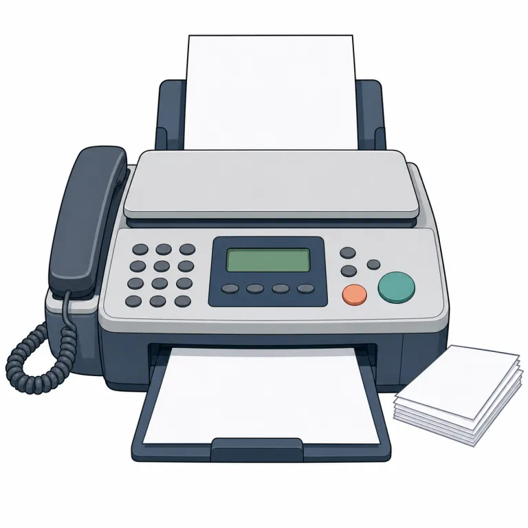 fax（ファクス・名詞）の覚え方イラスト — fax は facsimile「複写」に由来し、離れた場所へ紙面の写しを届ける名詞として押さえると整理しやすいです