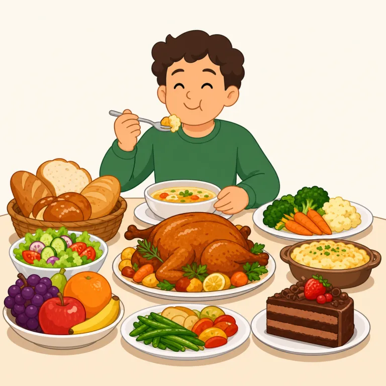 feast（たらふく食べる、豪華な食事をする・verb）の覚え方イラスト