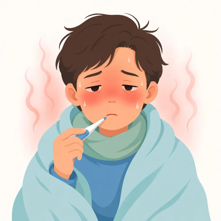febrile（熱のある・形容詞）の覚え方イラスト — febrile は fever「熱」と同じラテン語系の febr- を含む語だと考えると覚えやすい