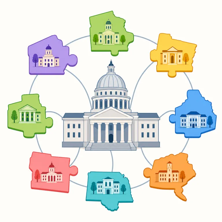 federal（連邦の・形容詞）の覚え方イラスト — アメリカのニュースで「州ではなく、国全体の側につくラベル」として覚えると残りやすいです