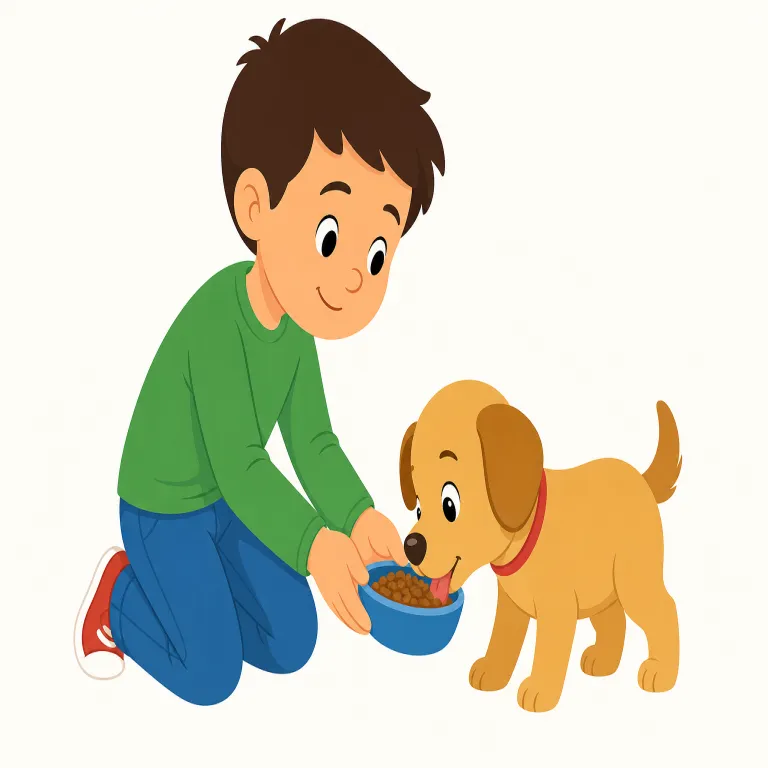 feed（食べ物を与える・動詞）の覚え方イラスト — feed は food と同じ「食べ物」の連想で覚えると自然です