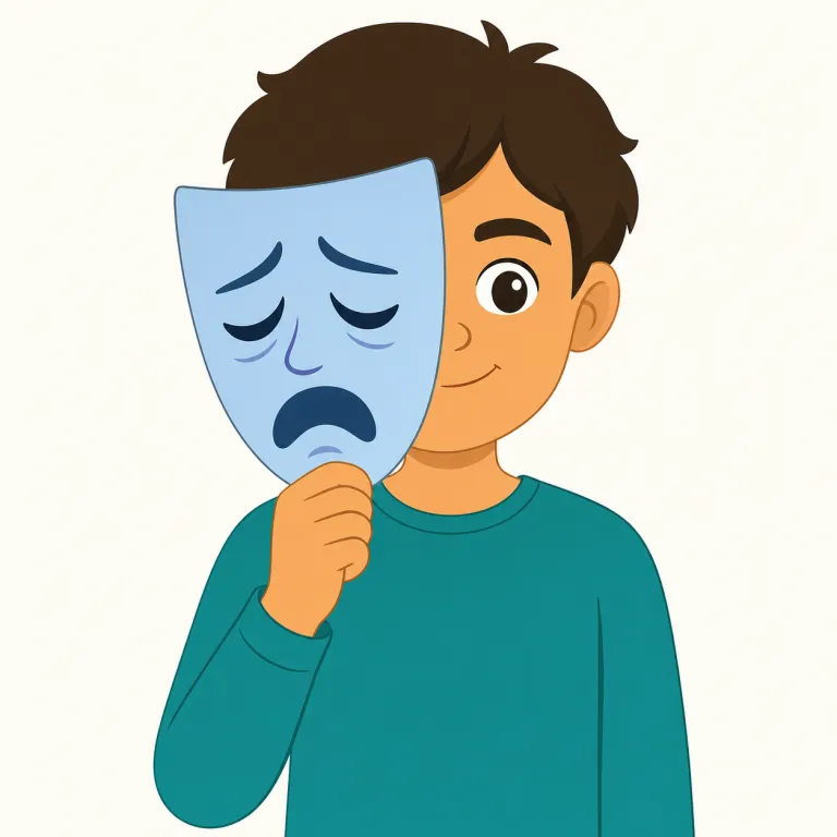 feign（ふりをする・動詞）の覚え方イラスト — feign は「本当ではない様子を見せる」動詞