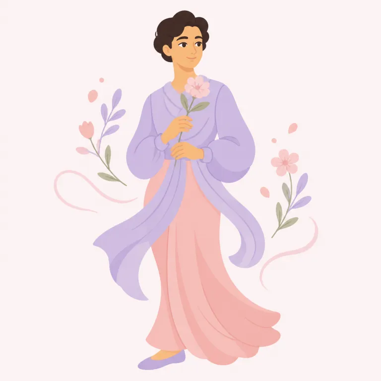 feminine（女性らしい・形容詞）の覚え方イラスト — この feminine は、外見・声・しぐさ・服装・デザインなどが伝統的に女性を連想させる印象を持つ、という意味で使う
