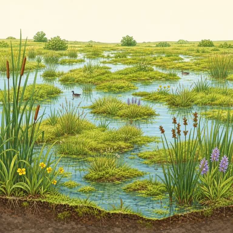 fen（沼地・名詞）の覚え方イラスト — fen は水を含んだ平らな土地で、wet fen（湿った沼地）や fen vegetation（沼地の植生）のように使う