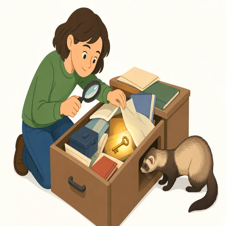 ferret out（探り出す・句動詞）の覚え方イラスト — find out よりもしつこく、隠れたものをほじくり出す感じで覚えると定着しやすい