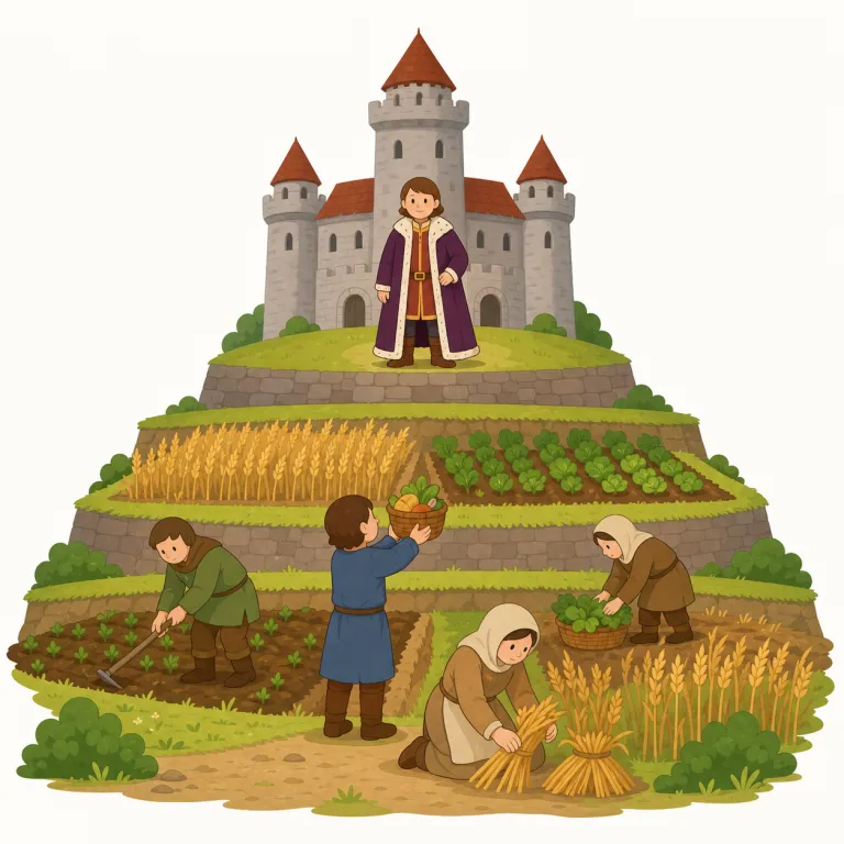 feudal（封建的な・形容詞）の覚え方イラスト — この feudal は、歴史用語としての「封建制の」そのものではなく、現代の組織や考え方を批判して「上下関係が硬直し、古い身分秩序のような」と言う用法です