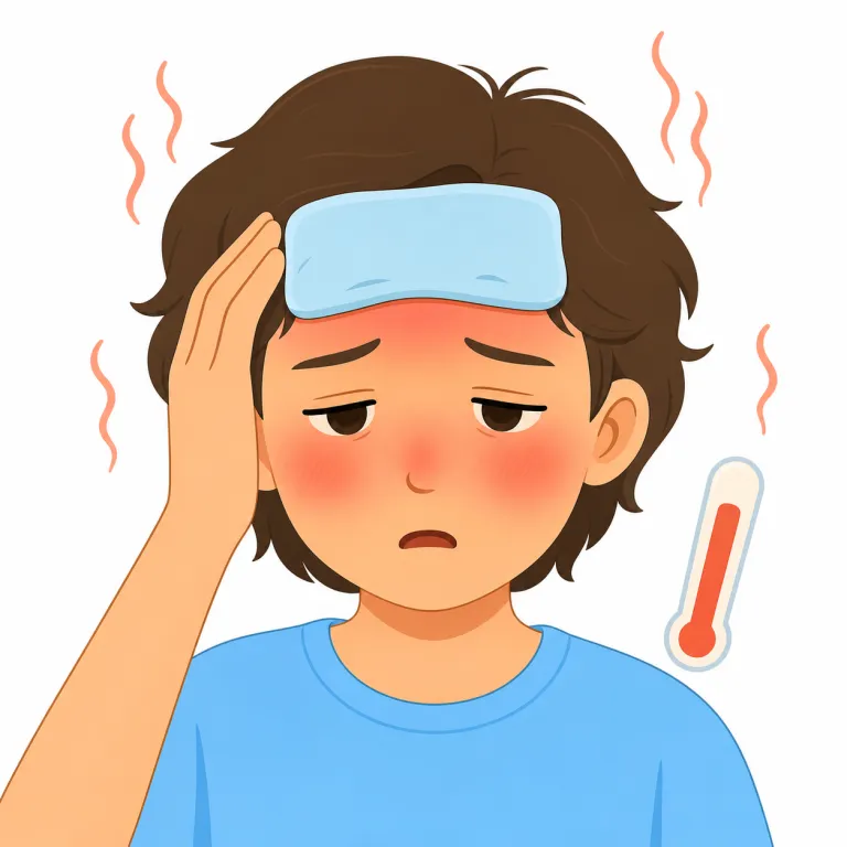 feverish（熱っぽい・形容詞）の覚え方イラスト — 体温計を見なくても、顔が熱い、頭がぼんやりする、肌がほてる、という感覚を feverish と結びつけると覚えやすいです
