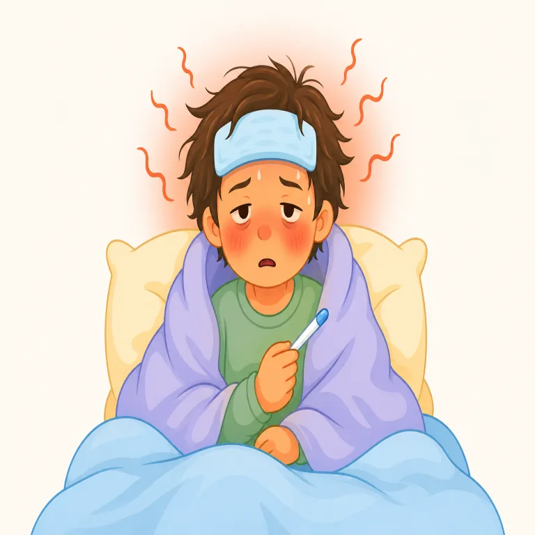 feverish（熱のある、熱に浮かされたような、興奮して落ち着かない・adjective）の覚え方イラスト