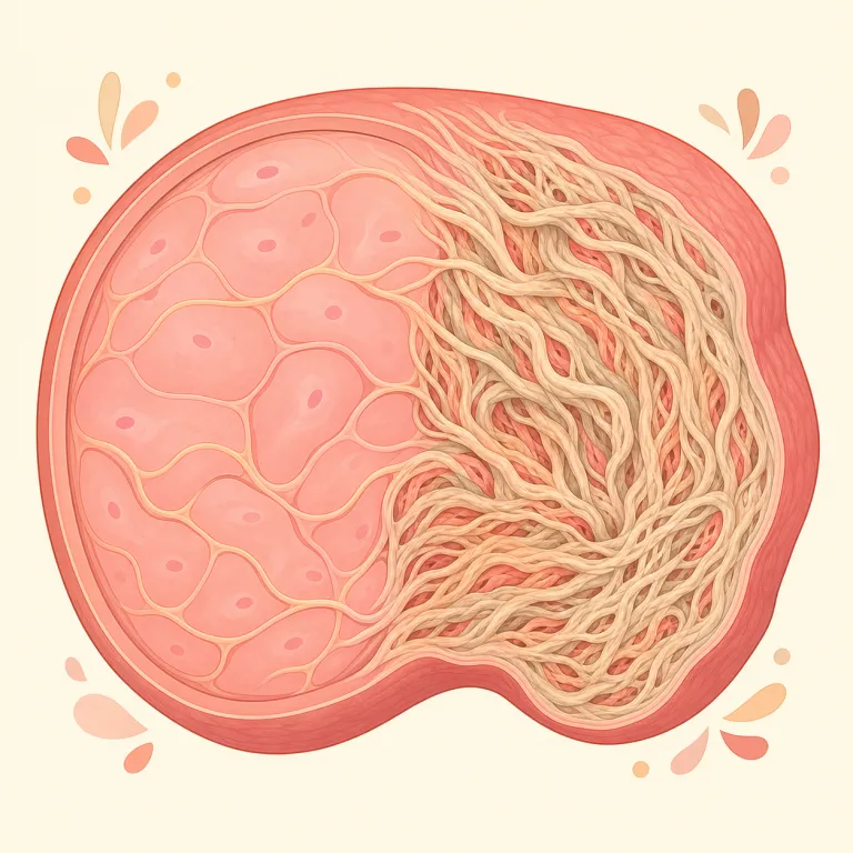 fibrosis（線維症・名詞）の覚え方イラスト — fibro- は fiber / fibrous と同じ「繊維」の仲間、-osis は neurosis などにも見られる「病的な状態」を表す語尾、と分けると覚えやすいです