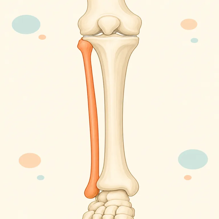 fibula（腓骨・名詞）の覚え方イラスト — fibula は単独で暗記せず、必ず tibia とセットで覚えると定着しやすい語です