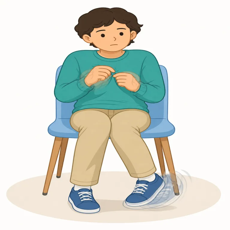 fidget（そわそわする・動詞）の覚え方イラスト — restless や nervous のとき、人は手元をいじったり、席でもぞもぞ動いたりします