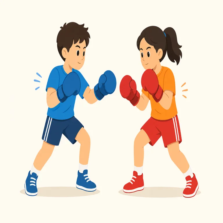 fight（戦う・動詞）の覚え方イラスト — 動詞では、リングに上がって相手に向かう瞬間を中心に覚えるとよいです