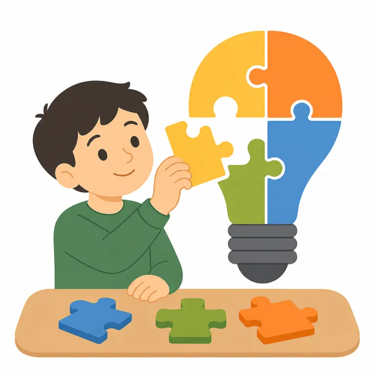 figure out（理解する・句動詞）の覚え方イラスト — figure out は、頭の中でばらばらの情報を整理して「なるほど」と理解する動きを表します