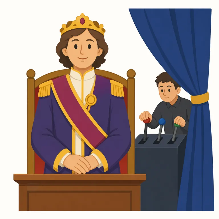 figurehead（名目上の指導者・名詞）の覚え方イラスト — head が入るので一見「トップの人」だが、figurehead は本当に権力を持つ leader / boss ではなく、「人前に立つ顔」として置かれた存在だと押さえる…