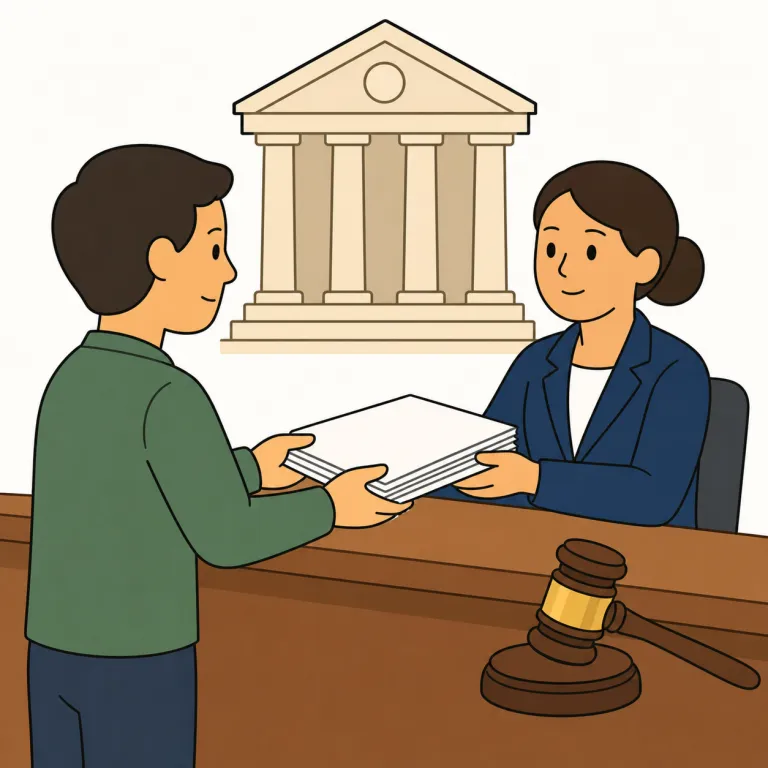 file a suit（提訴する、訴訟を起こす・動詞）の覚え方イラスト — file は「ファイルする」ではなく、役所や裁判所に書類を正式に提出する感覚で覚えると残りやすい
