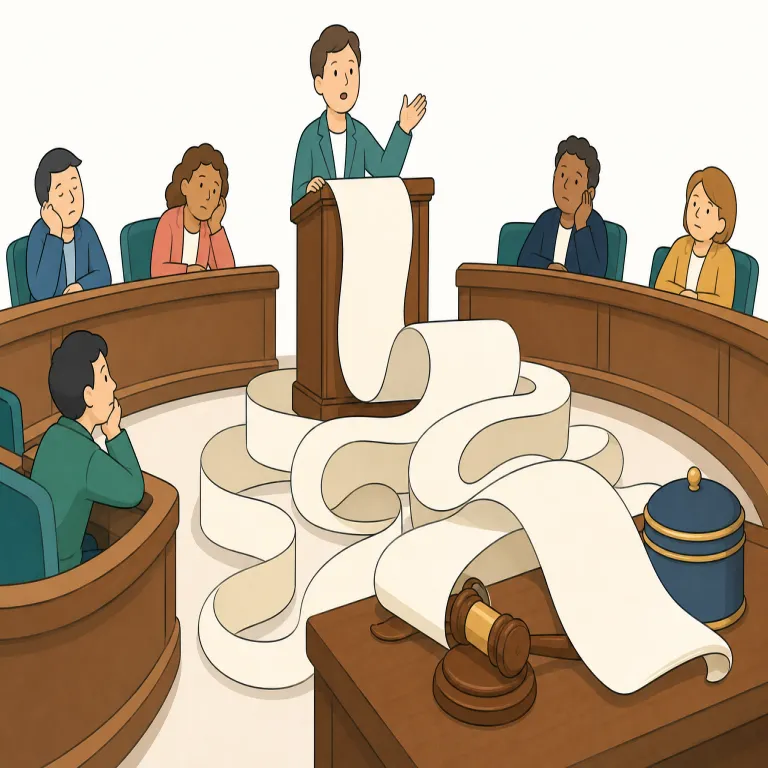 filibuster（議事妨害・名詞）の覚え方イラスト — filibuster は日常の「邪魔する」ではなく、議会で審議や採決を止めるための長時間演説や手続き上の引き延ばしにほぼ特化した語