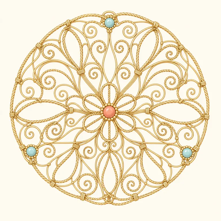 filigree（透かし細工・名詞）の覚え方イラスト — まず「金属でできたレース模様」を頭に置くと覚えやすい語です