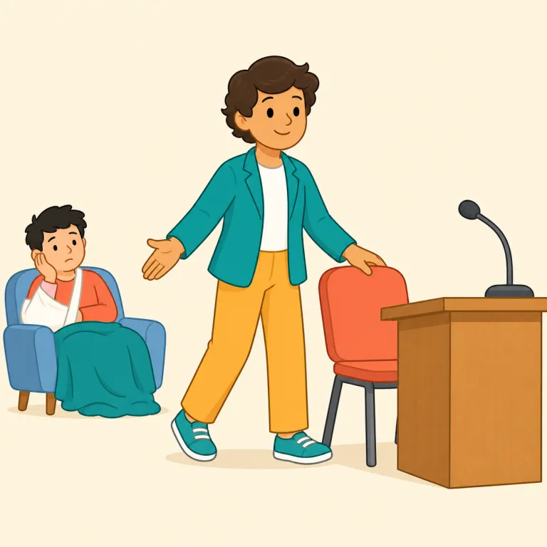 fill-in（代役・名詞）の覚え方イラスト — fill「満たす」と in「中を」を結び付け、空いた場所を埋める人物と考えます