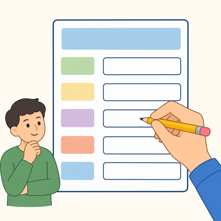 fill in（記入する・句動詞）の覚え方イラスト — fill は「満たす」、in は「中へ」