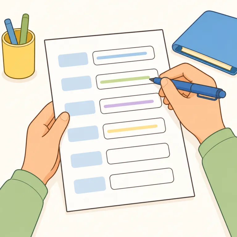 fill out（記入する・句動詞）の覚え方イラスト — この意味の fill out は、form や application などの用紙を対象にし、空欄を文字で埋めて完成させる動作を表す