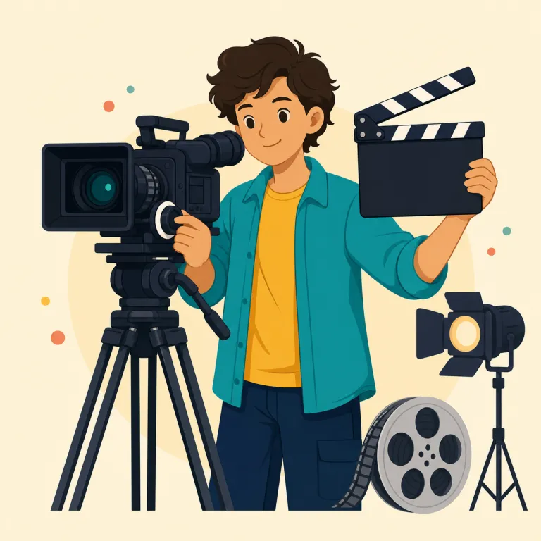 film-maker（映画製作者・名詞）の覚え方イラスト — film「映画」＋maker「作る人」と分ければ、「映画を作る人」と素直に理解できます