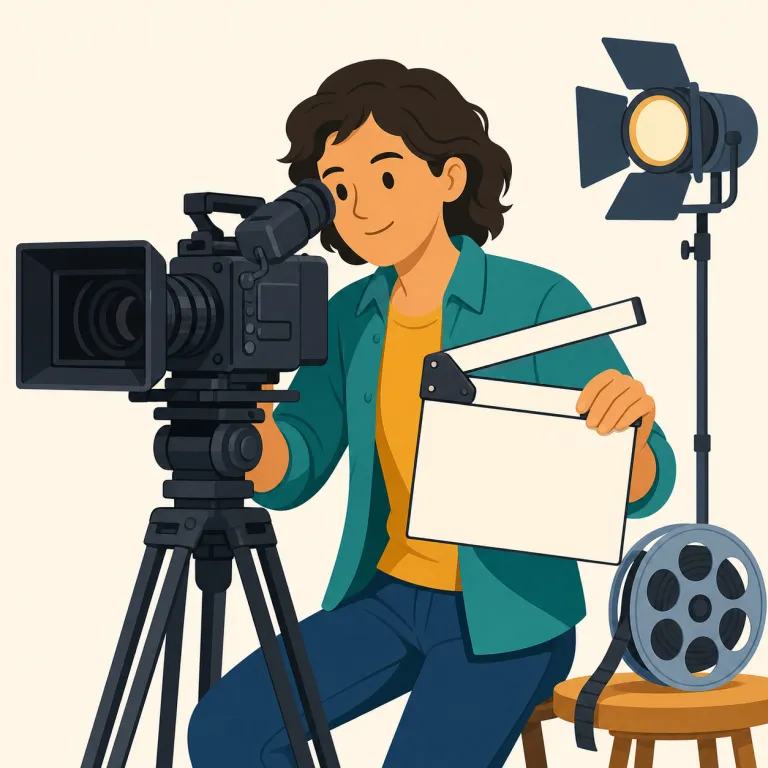 filmmaker（映画制作者・名詞）の覚え方イラスト — film「映画」＋ maker「作る人」なので、意味は見たまま「映画を作る人」です