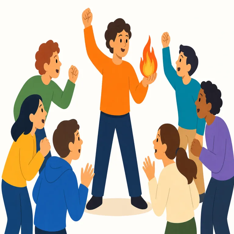 firebrand（扇動者・名詞）の覚え方イラスト — fire が入る語は感情や状況を熱くするイメージを持つことが多く、firebrand も「自分が燃えている人」ではなく「周囲に火を付ける人」と捉えると覚えやすいです