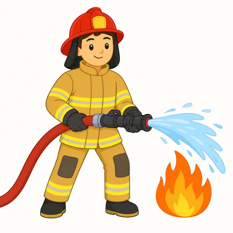 firefighter（消防士・名詞）の覚え方イラスト — fire と fighter に分けると覚えやすく、fighter は「戦う人」