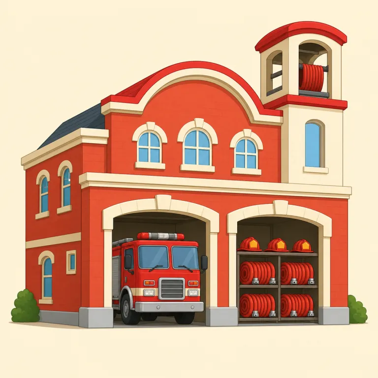 firehouse（消防署・名詞）の覚え方イラスト — fire と house をそのまま重ねて、「火事に対応する建物」とつなげるのが基本